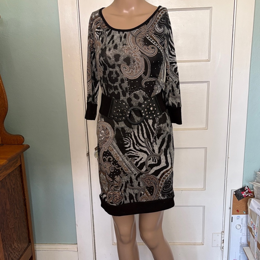 Flamingo Black and Gray Paisley Animal Print Knit Dress Size S